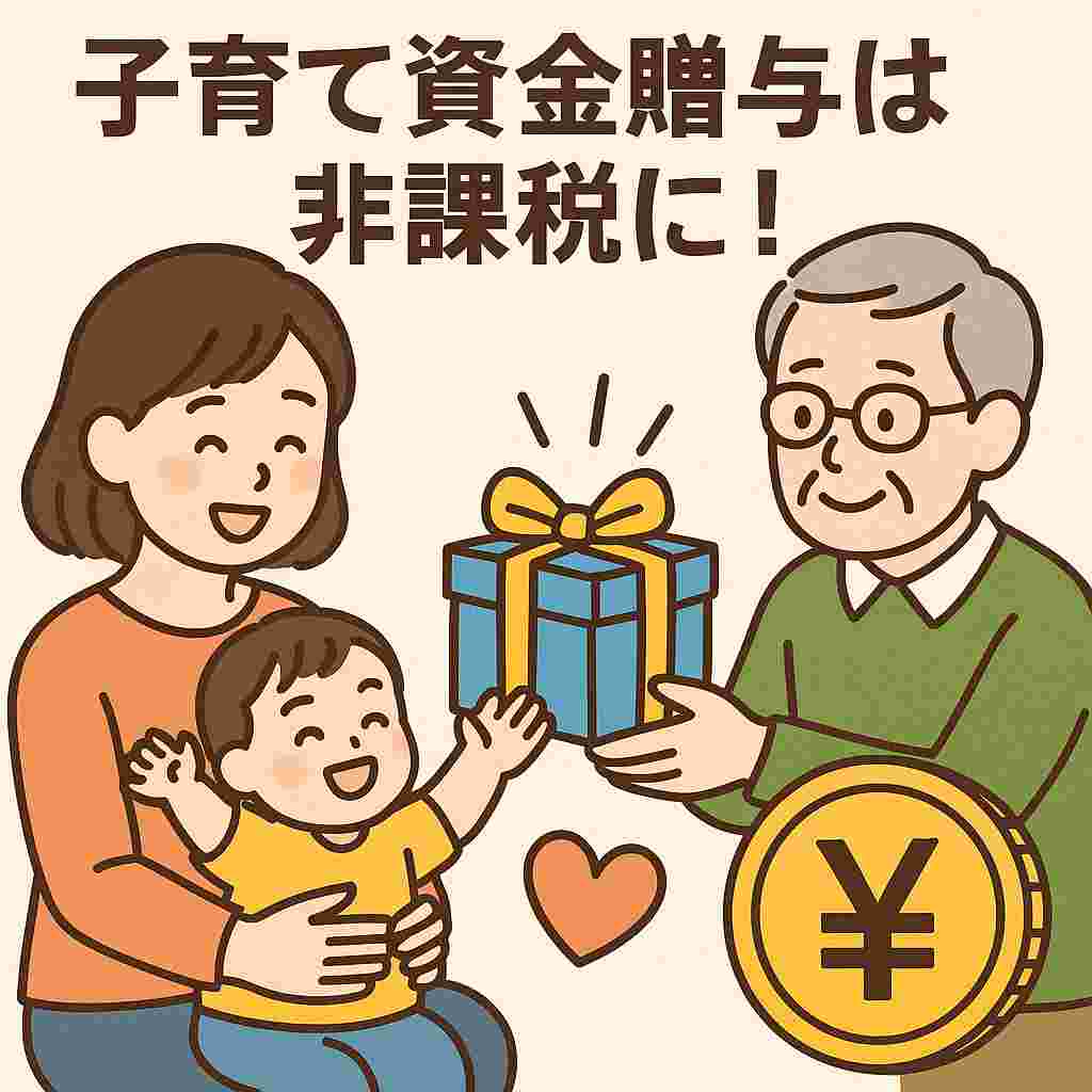 親から子への贈与で子育て費用をサポートするイメージイラスト（家族とお金、教育費の支援）