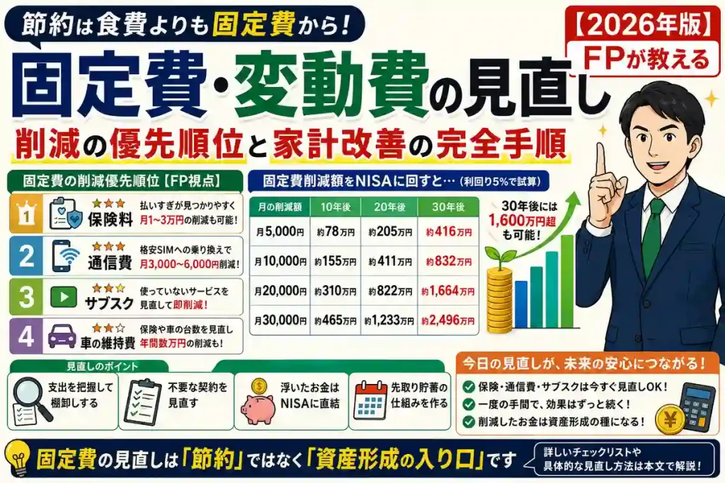 固定費と変動費の違いを解説し、保険料・通信費・サブスク・車の維持費の見直し優先順位と、削減したお金をNISAで資産形成につなげる方法を紹介するイメージ。