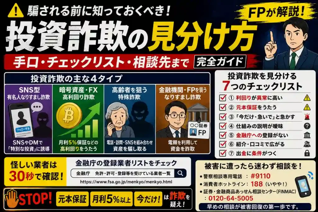 SNS投資詐欺、暗号資産詐欺、高齢者を狙う特殊詐欺、金融機関なりすまし詐欺などの代表的な手口と、投資詐欺を見分ける7つのチェックポイントを解説するイメージ。