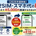 格安SIMへの乗り換えで月5,000円削減する方法を解説するイメージ。大手キャリアと格安SIM（ahamo・LINEMO・povo・楽天モバイル）の料金比較と、節約額をNISAに30年運用すると約416万円になる試算を図解。
