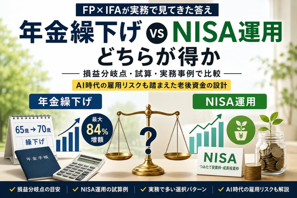 年金繰下げとNISA運用を天秤にかけるインフォグラフィック。損益分岐点・試算・AI時代の雇用リスクを踏まえた老後資金設計を解説。