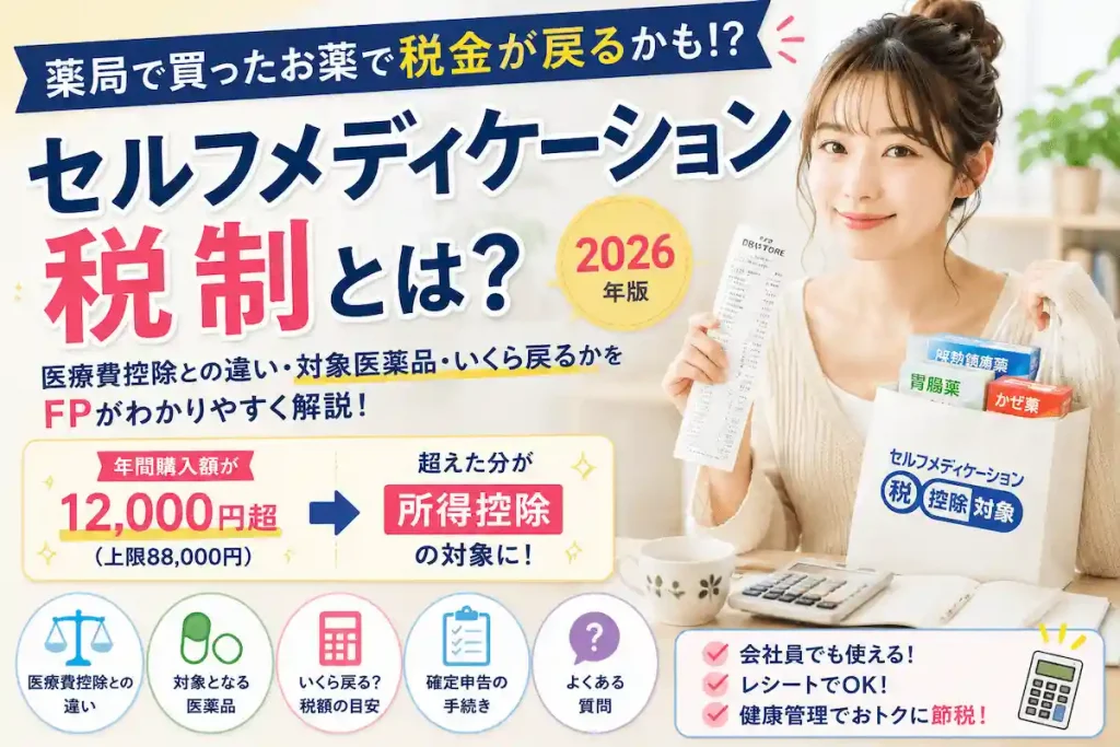 2026年版セルフメディケーション税制を解説するアイキャッチ。薬局で購入した対象医薬品、レシート、電卓を前にした女性とともに、医療費控除との違い、年間12,000円超で所得控除の対象となる仕組みを紹介している。