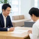 清潔感のあるモダンなオフィスで、相談者の夫婦に穏やかな表情で向き合い、資料を交えて丁寧にアドバイスを送る日本人男性ファイナンシャルプランナーの風景