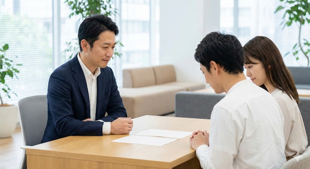 清潔感のあるモダンなオフィスで、相談者の夫婦に穏やかな表情で向き合い、資料を交えて丁寧にアドバイスを送る日本人男性ファイナンシャルプランナーの風景