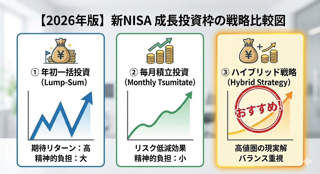 2026年新NISA成長投資枠の一括投資・積立投資・ハイブリッド戦略の比較図解 