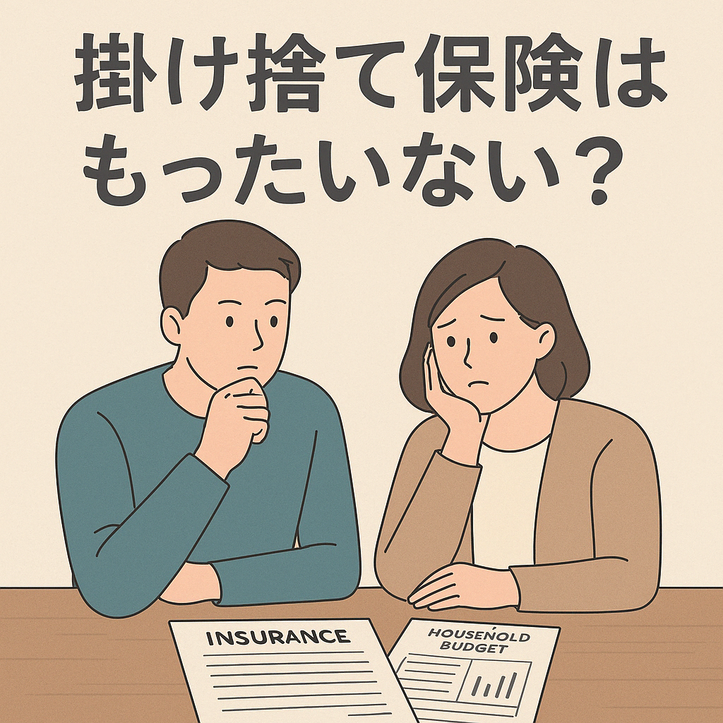 保険証券と家計の資料を前に、「掛け捨てってもったいないのかな…」と悩む男女（親世代）を描いた落ち着いた配色のイラスト