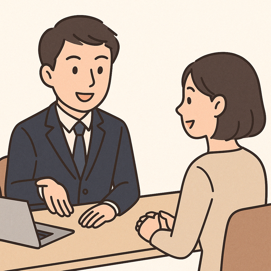 ノートパソコンの前で真剣に考える男性のイラスト。投資や資産形成について、自分の未来と向き合っているイメージ。
