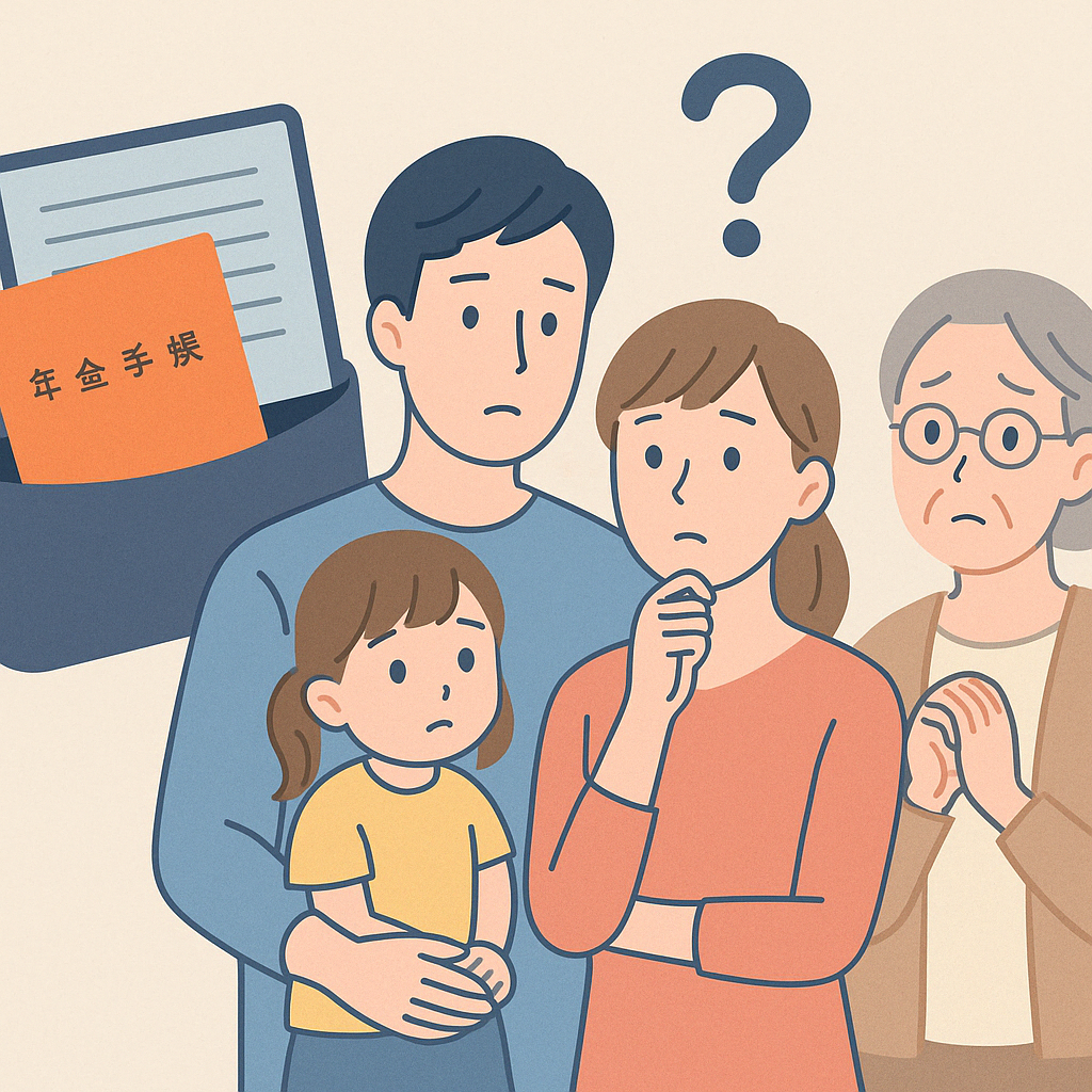 「公的年金制度をイメージした柔らかいタッチのイラスト。若い家族が生活に関する不安を抱えつつも支援制度を考えている様子。」