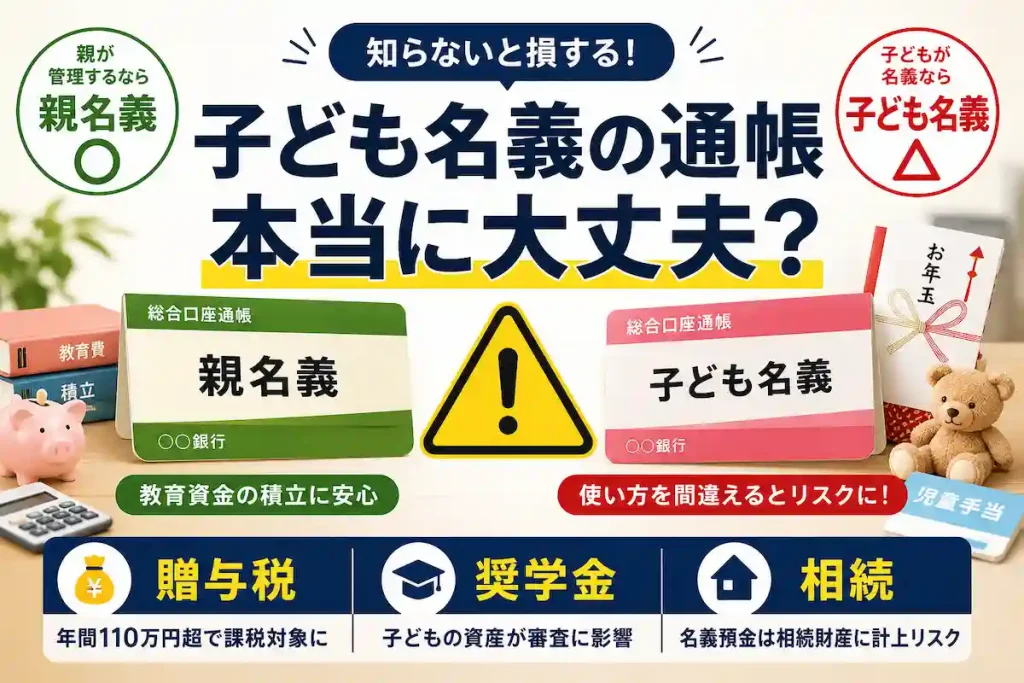 子ども名義の通帳にお年玉や児童手当を積み立てる際の注意点を解説するイメージ。贈与税や奨学金審査、相続時の名義預金リスクについて親名義との違いを比較している。