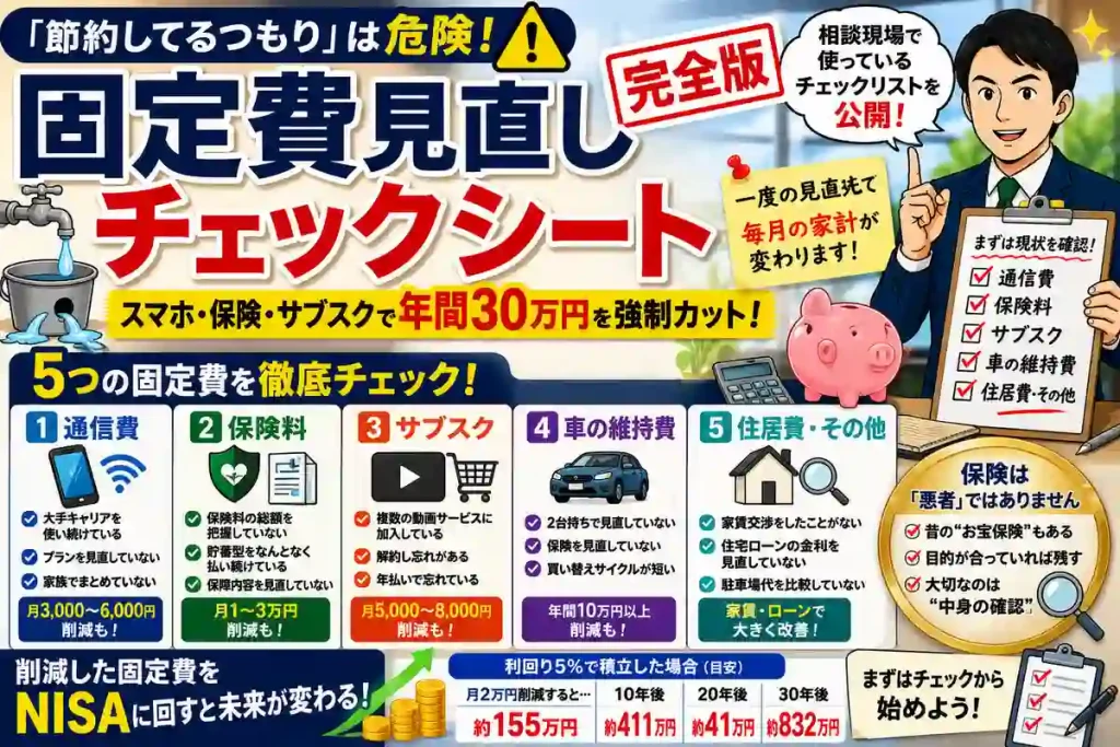 固定費見直しチェックシート完全版のイメージ。通信費、保険料、サブスク、車の維持費、住居費を項目別に点検し、無理な節約ではなく家計改善とNISAによる資産形成を目指す方法を解説。