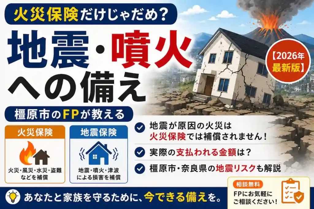 火災保険と地震保険の補償範囲の違いを図解したアイキャッチ。火災保険は火災・風災・水災・盗難などを補償し、地震・噴火・津波による損害は地震保険が補償することを示している