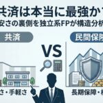 共済と民間保険を制度・構造・数字で比較するイメージ。背景に専門的なグラフと、信頼感のある独立系FPのアイコン。