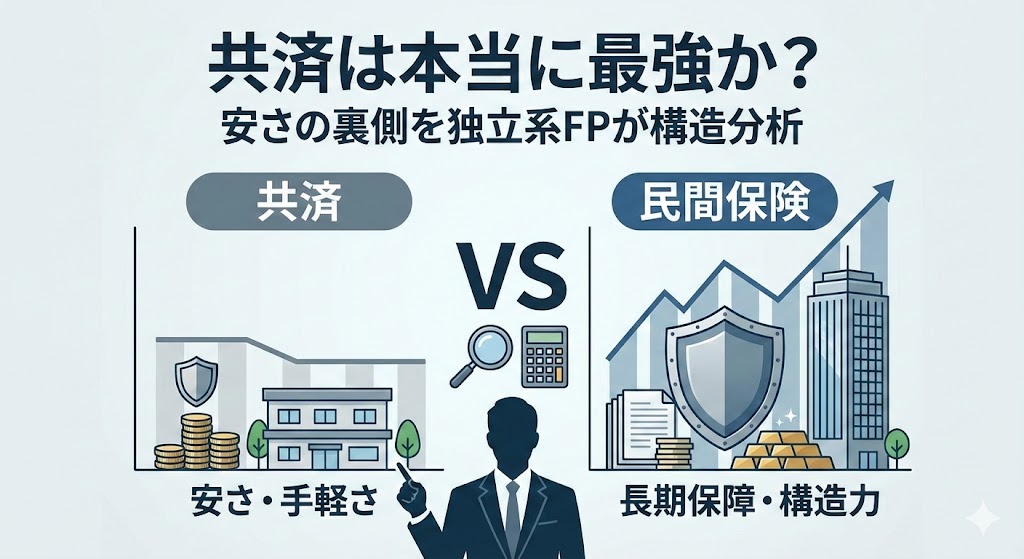 共済と民間保険を制度・構造・数字で比較するイメージ。背景に専門的なグラフと、信頼感のある独立系FPのアイコン。