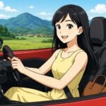 赤いオープンカーを運転する女性のイラスト｜自動車保険のイメージ