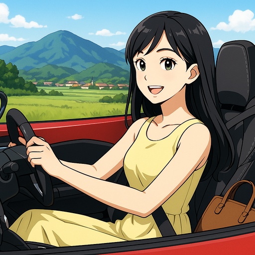 赤いオープンカーを運転する女性のイラスト|自動車保険のイメージ