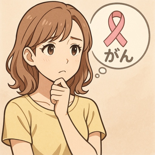 30〜40代女性をイメージしたアニメ調イラスト。女性特有のがんについて考えている様子を表現。