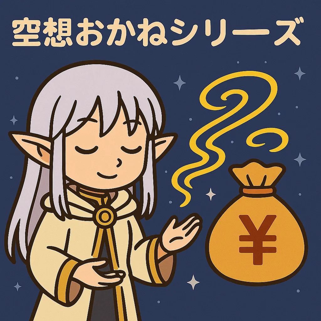 エルフ風の少女が魔法陣のような光を手に浮かべ、複利の力を象徴する金色のエフェクトを詠唱する様子。空想おかねシリーズのイメージ用イラスト。