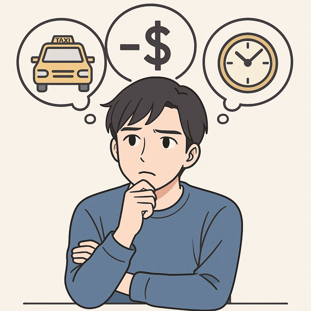 「通院で発生する見えにくいコストを想起している男性が、タクシー代や時間・出費のアイコンを思い浮かべて考えている様子を描いたアニメ調イラスト。