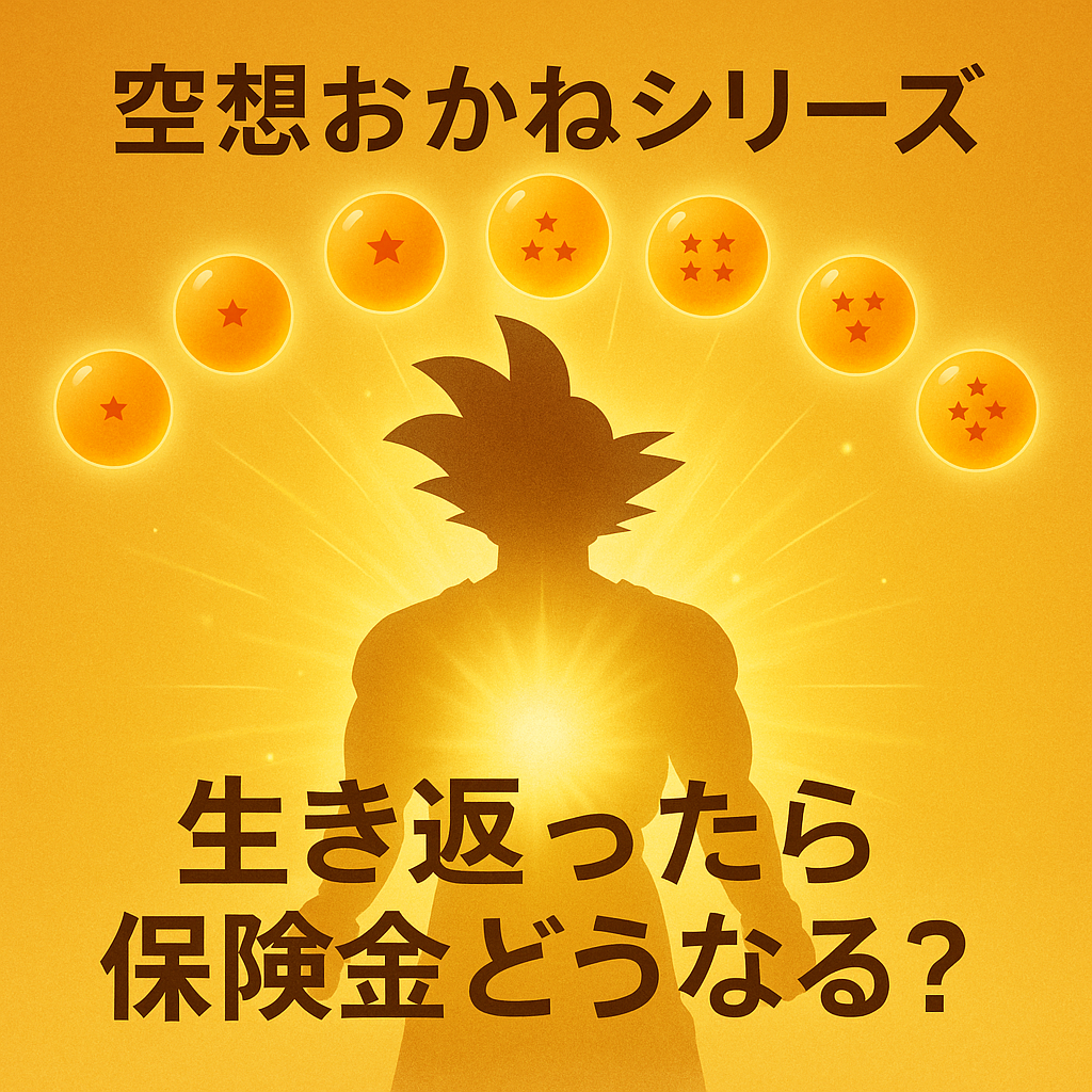 七つのオレンジ色の球が1〜7つ星で順に弧を描いて浮かぶ。中央には逆立つ髪と武道着風シルエットの人物が黄金の光に包まれて立つ。上部に「空想おかねシリーズ」、下部に「生き返ったら保険金どうなる?」の文字。SNS向け正方形構図。空想おかねシリーズ