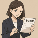 スーツ姿の女性が「年末調整」と書かれた書類を真剣に確認しているアニメ調イラスト。落ち着いた色合いで、丁寧に仕事に向き合う印象を表現。