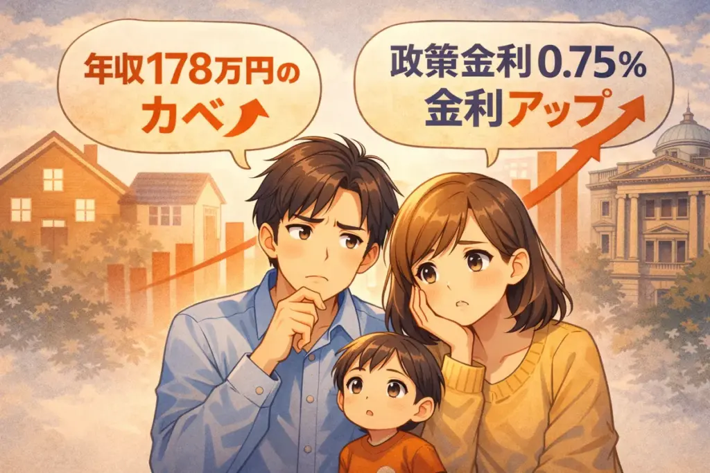 2025年の「年収178万円の壁」と日銀の利上げについて、30代子育て夫婦が家計への影響を話し合っている様子を描いたイラスト