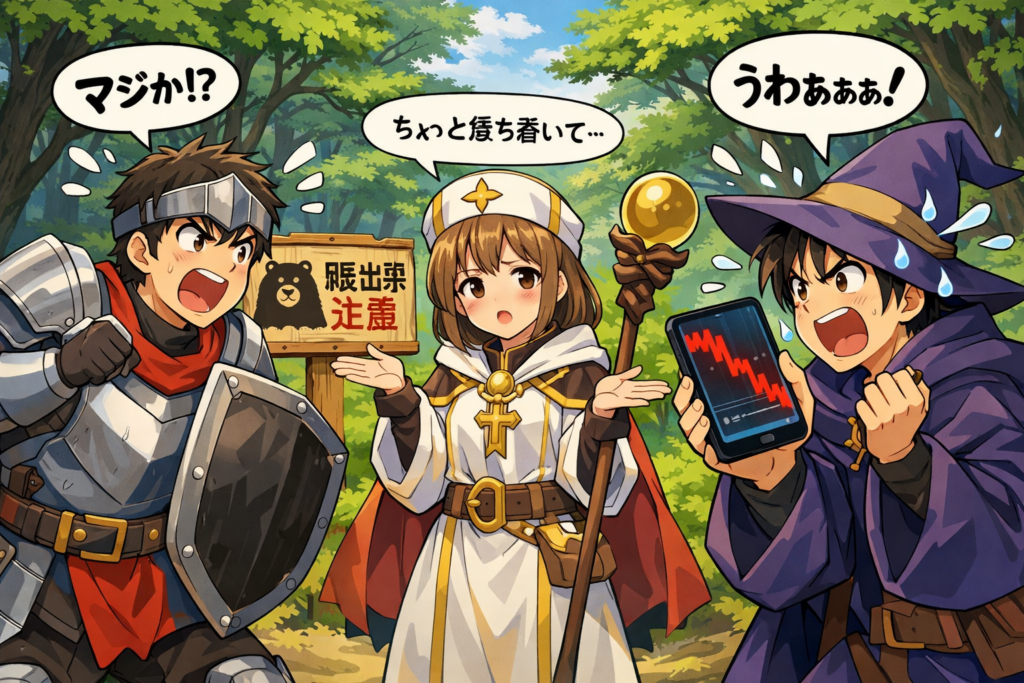 熊出没注意の看板を前に、株価下落を示すチャートを見て慌てるファンタジー風キャラクターたち。相場の下落リスクと保険の備えを分かりやすく表現したイラスト。