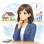 政策金利上昇と変動金利の不安をイメージした、30代女性が住宅と上昇グラフを背景に考え込むアニメ調アイキャッチ
