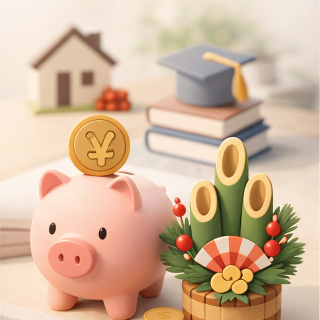 貯金箱と門松、コインの3D風イラスト。年末年始に保険の更新や教育費、住宅ローンなど、家計の気になる点を“ポイント診断”で整理する雰囲気の画像(LINE配信向け)