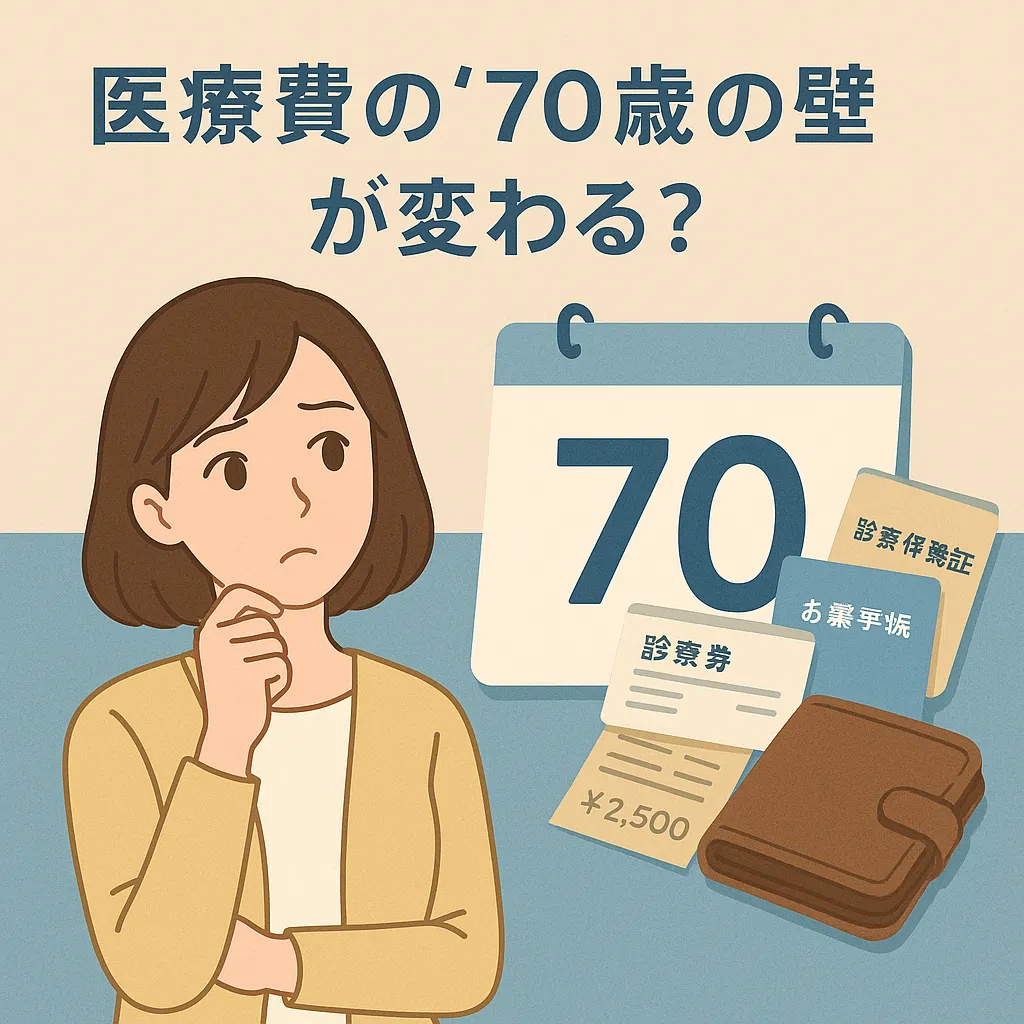 医療費の「70歳の壁」が変わるのか不安そうに考える女性の前に、70と書かれたカレンダーと健康保険証、診察券、医療費の領収書、財布が並んでいるイラストのアイキャッチ画像。