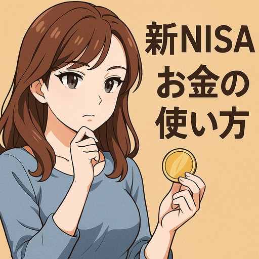 新NISAでお金の使い方に悩む30代女性がコインを手に考え込んでいる様子を描いたイラスト。投資だけでなくお金の使い道のバランスを考えるイメージ。