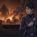 怪獣被害が広がる夜の街で、変身すべきか迷う防衛チーム風の青年。正義と職務責任の狭間を描いた空想おかねシリーズのアイキャッチ。