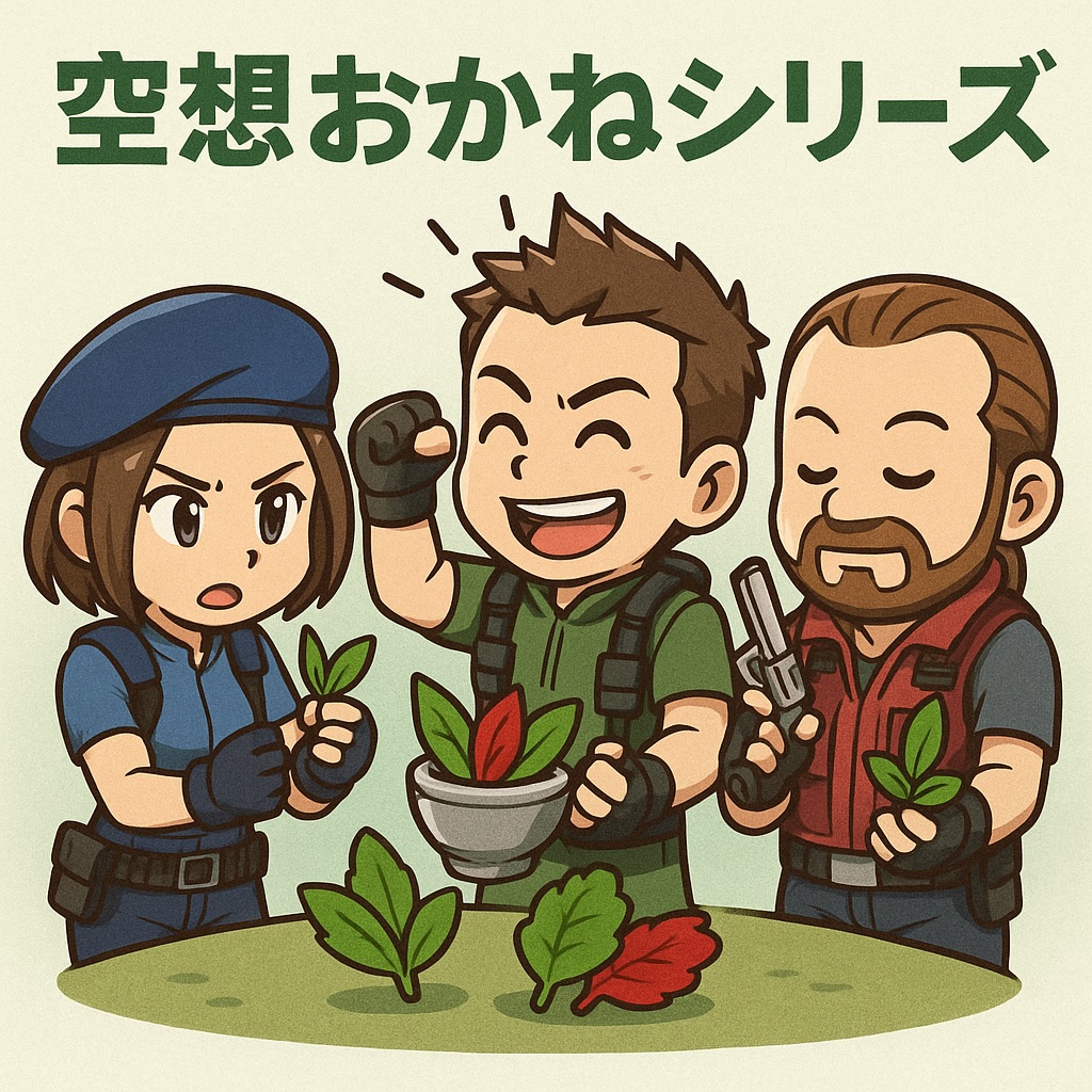 空想おかねシリーズ用のアイキャッチ。バイオハザードの洋館で、SD化されたクリスとジル、バリーがハーブを調合しているコミカルなシーンで、FPがゲーム世界から保険と賠償リスクを解説する記事のイメージ。