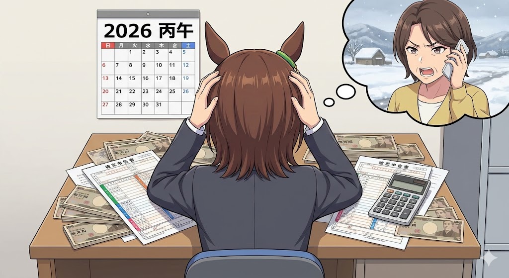 2026年午年の確定申告のイメージ。机に向かって電卓と書類と格闘するウマ耳の女子学生の後ろ姿。カレンダーは2026年。