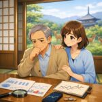 奈良の和室で資産資料を前に悩む高齢の父と、肩に手を添えて寄り添う娘。親世代のNISA口座と将来の資産管理を考えるイメージ。