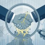 ビジネスマンの握手（信頼）に潜むリスクを虫眼鏡で確認しているイラスト。保険営業マンへの過度な依存と詐欺被害に対する注意喚起