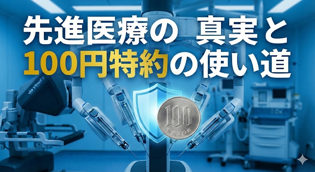 高須院長のダヴィンチ手術と先進医療特約の真実を解説するアイキャッチ画像。100円玉と守りの盾、最新のロボット手術アームの背景。