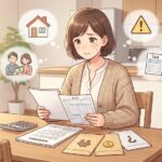 住宅ローンの確定申告書類を前に、親からの援助や名義の扱いに悩む30代の日本人女性を描いたイラスト