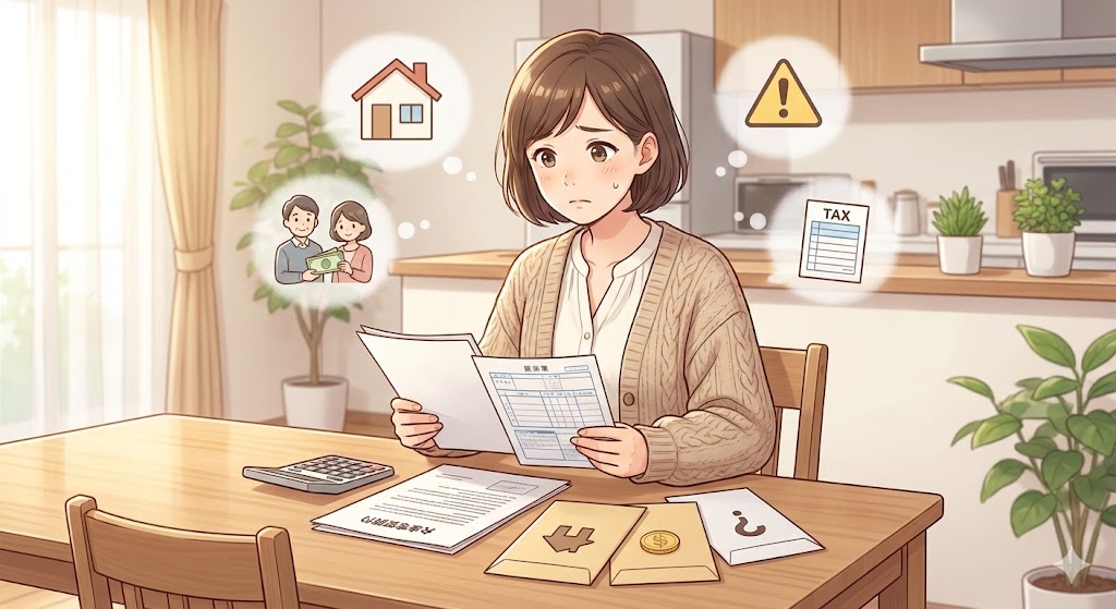 住宅ローンの確定申告書類を前に、親からの援助や名義の扱いに悩む30代の日本人女性を描いたイラスト