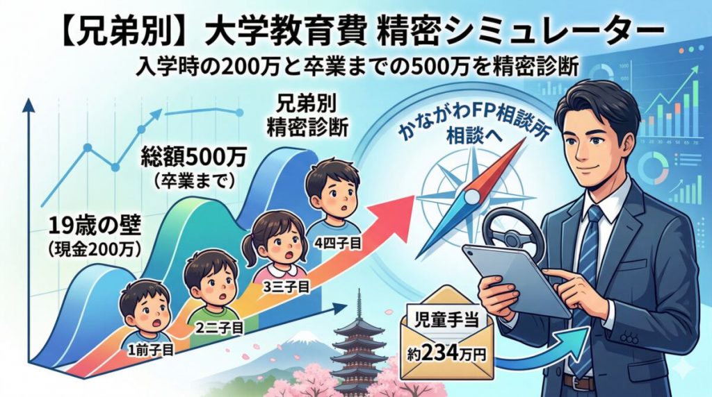 【兄弟別】大学教育費シミュレーター。入学時の200万円と卒業までの500万円の不足額をFP金川が精密診断。