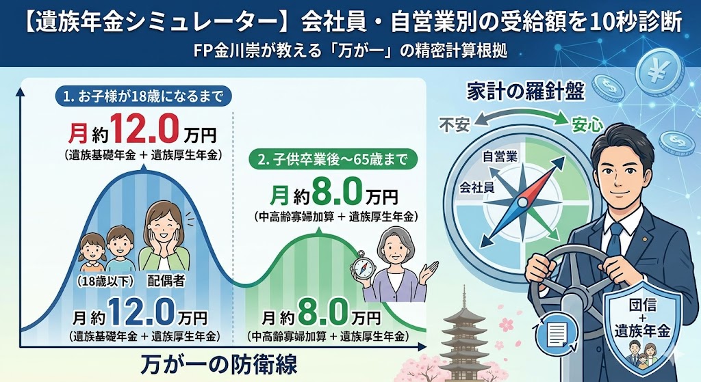 【遺族年金シミュレーター】会社員と自営業の受給額の違いを10秒診断。子供卒業後の中高齢寡婦加算まで計算根拠を明示したFP金川崇による家計防衛ガイド。
