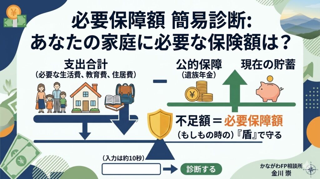 必要保障額の計算の仕組みを解説した図解。家族の生活費や教育費などの支出合計から、公的遺族年金と現在の貯蓄を差し引いた不足額を、もしもの時の盾（保険）で守る考え方を天秤のイラストで表現しています。奈良県橿原市の独立系FP、かながわFP相談所の推奨するリスク管理の概念図です。