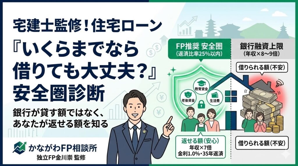 図解:宅建士・FP監修の住宅ローン借入額安全圏シミュレーター。銀行の融資上限ではなく、返済比率25%以内を目安とした「無理のない借入額」を算出する仕組みを表しています。かながわFP相談所のアイキャッチ画像。