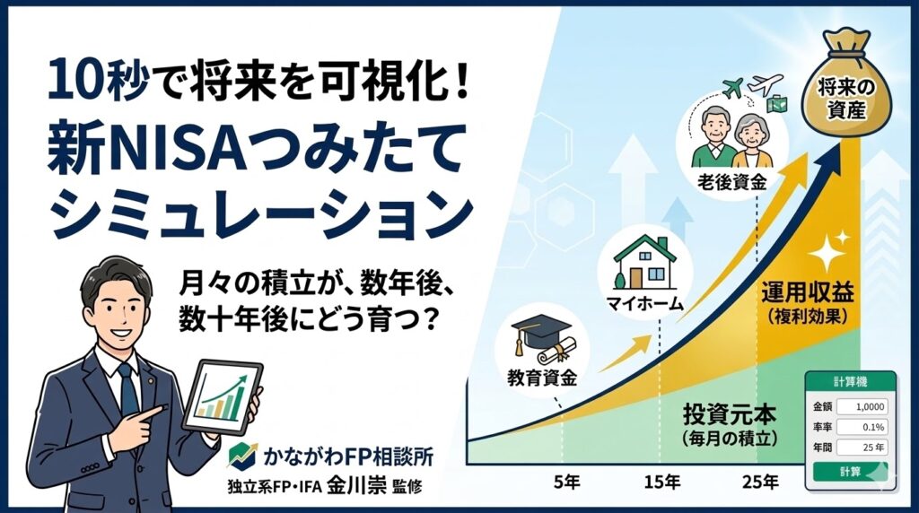 新NISAのつみたてシミュレーション。毎月の積立額と運用期間、利回りを入力して将来の資産額を計算するツールのイメージ。積立元本と運用収益が複利で増えていくグラフを背景に、奈良の独立FP金川崇が解説しています。