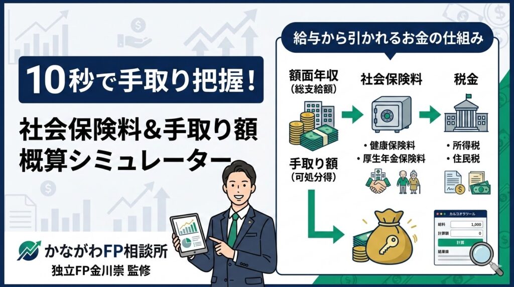 社会保険料と手取り額の仕組みを解説する図解。額面年収から健康保険や厚生年金、税金が差し引かれて手取りが決まる流れを、奈良の独立FP金川崇が監修するシミュレーターの解説用として作成しています。