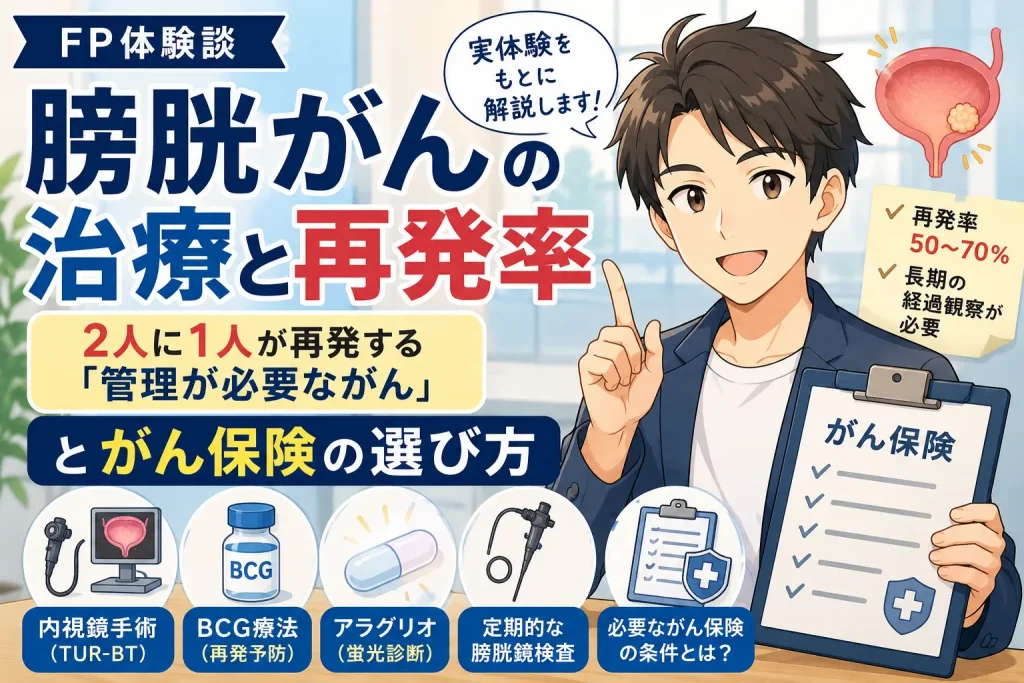 膀胱がんの再発率、内視鏡手術(TUR-BT)、BCG療法、アラグリオ蛍光診断、定期検査、がん保険の条件を説明するイラスト