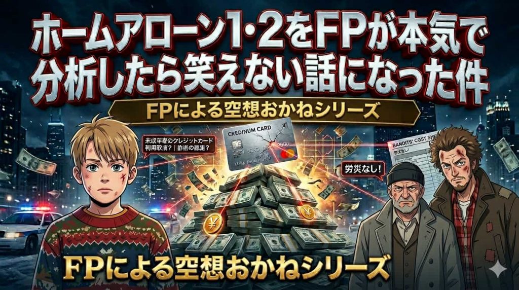 映画「ホームアローン」をFPが分析したアイキャッチ画像。主人公ケビン、泥棒コンビ、そして割れたクレジットカードと積み上がった現金のイラスト。労災なし、未成年のカード利用といったキーワードが散りばめられている。