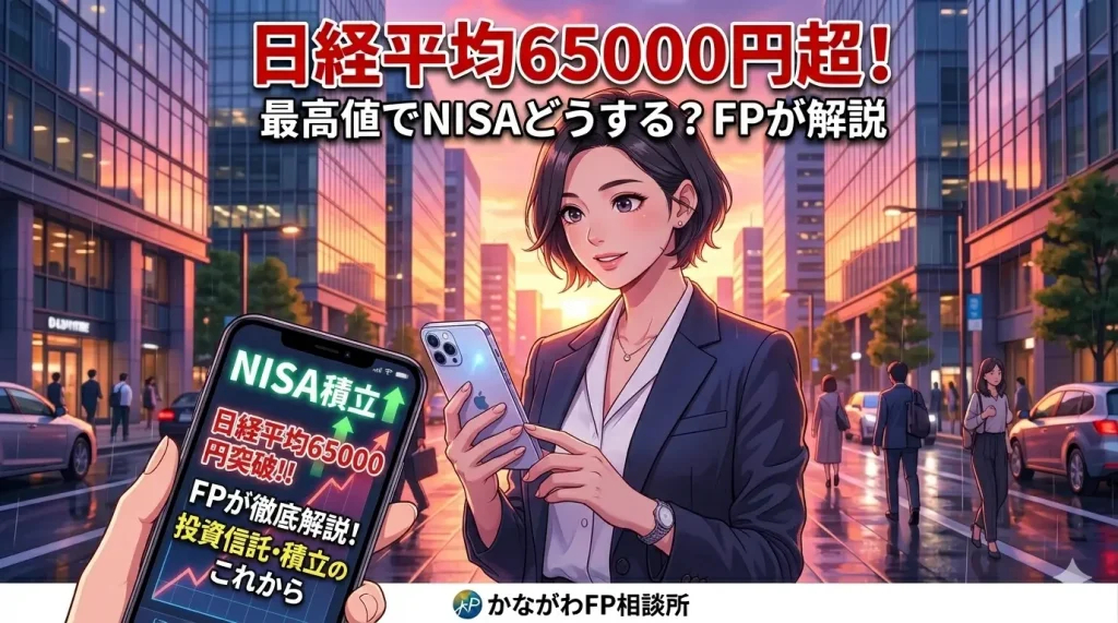 日経平均株価が6万5000円を超えた過去最高値圏でのNISA投資戦略を解説するアイキャッチ画像。スマートフォンを持つビジネスパーソンと、NISA積立の好調を示す株価チャートのイメージ。