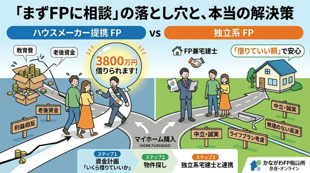 ハウスメーカー提携FPと独立系FPの比較図。利益相反のない中立な立場での資金計画と、宅建士の視点による物件選定の重要性を解説するイラスト。
