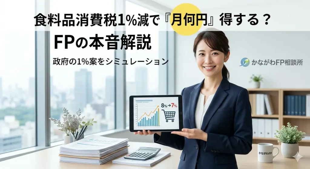 食料品の消費税1%減による家計への影響をシミュレーションする女性FPのイメージ
