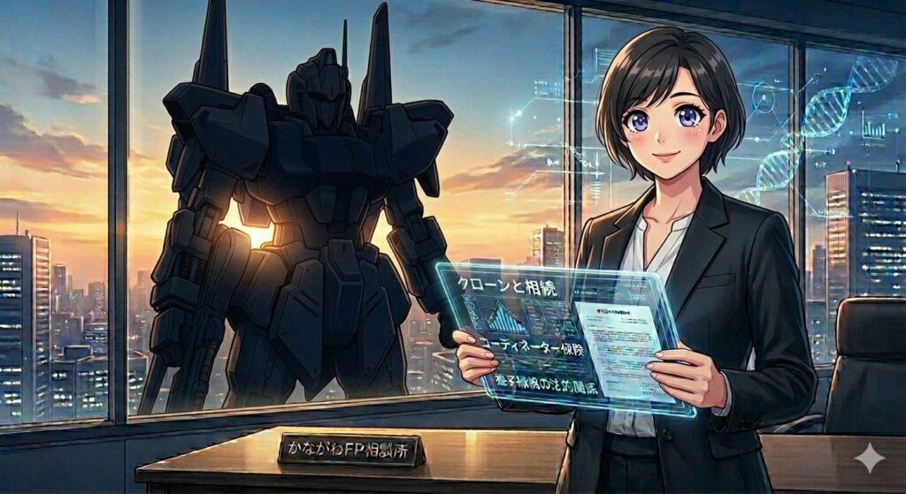 夕暮れのオフィスでクローンや遺伝子、相続に関するホログラムデータを手にするアニメ調の可愛い女性ファイナンシャルプランナーと、窓の外に佇む巨大ロボットのシルエット
